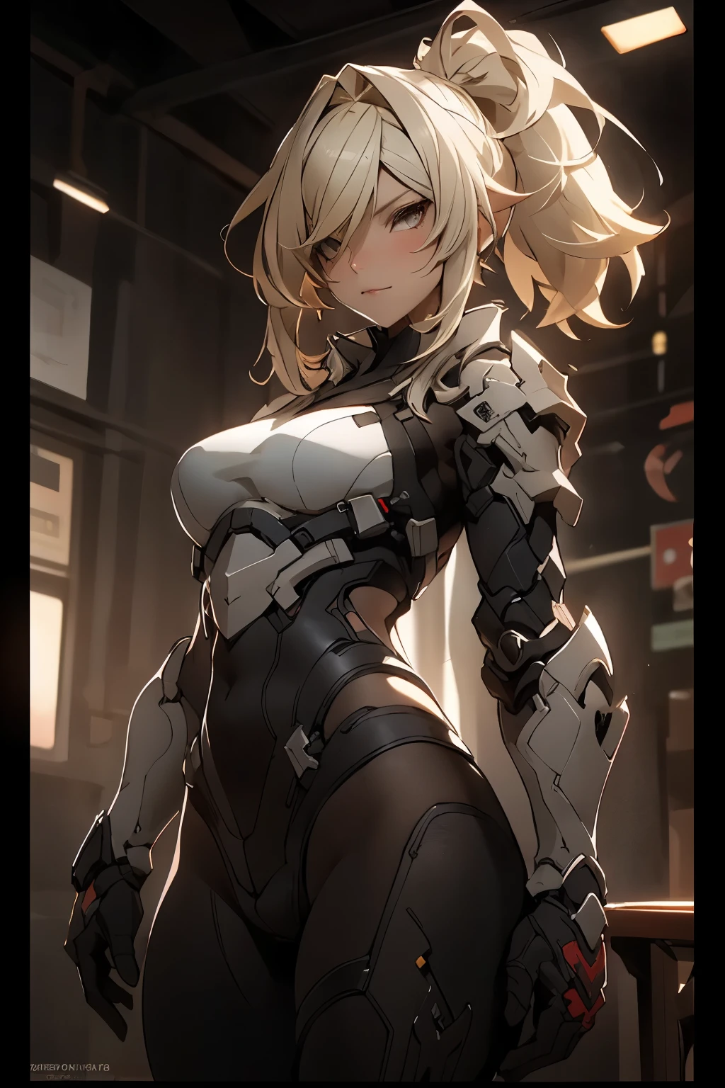 ((best quality)), ((Masterpiece)), (details:1.4), 3d, HDR (high dynamic range), mature woman, เหมือนจริง, High Ponytails, Blonde hair, Red eyes, จมูกโด่ง, ปากแดง PBR surface, After processing, Anisotropic filtration,depth of field, Maximum clarity and clarity, multi-layered surface, perfect proportions, 8K raw files, holy paladin, Heavy Black armor, Fierce, ในโบสถ์ ต่างหู