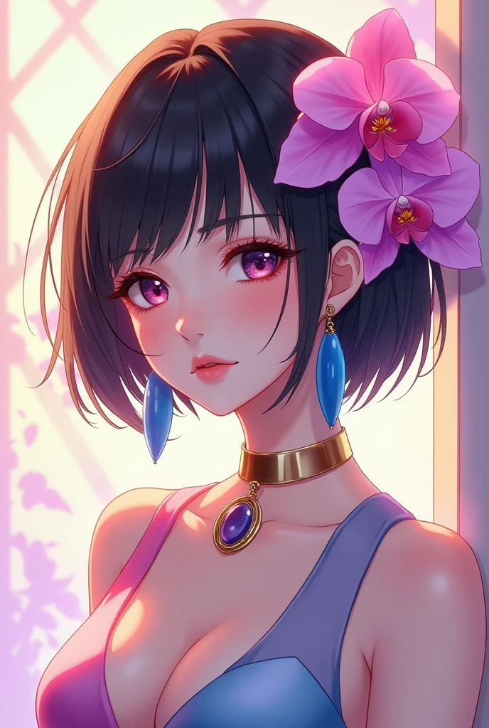 Create an elegant anime-style portrait of a young woman with short, black hair adorned with vibrant, colorful flowers, including pink and purple orchids. The woman should have a soft, delicate expression with light makeup, featuring red eyeliner and pink lips. Her gaze should be slightly downward. She is wearing a stylish, modern outfit with a semi-transparent top in pastel colors, reflecting a combination of pink, blue, and purple hues. Her accessories include a large, gold choker necklace, long blue earrings, and her nails are painted in a matching shade of blue. The background should have a soft, abstract design with warm lighting and subtle, multicolored reflections that complement the overall color scheme of the image