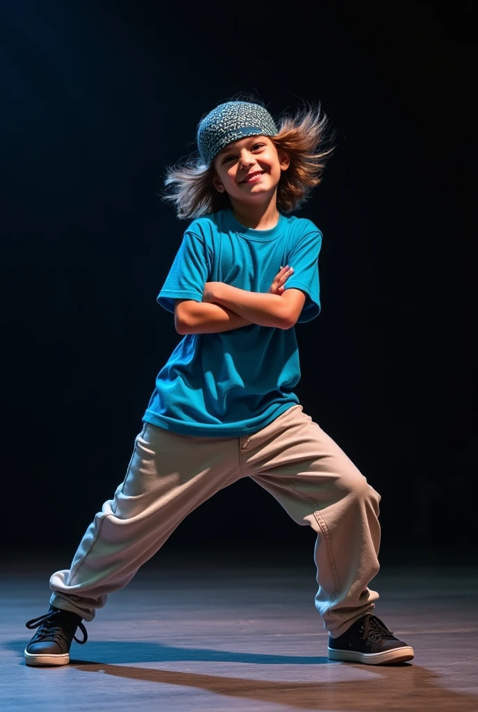 Photo of a boy dancing breakdancing、She is posing with her arms crossed and legs spread apart.、Staring at the viewer with a fearless smile、Wind、Wearing a bandana around his head、He is wearing a blue T-shirt, loose pants and black sneakers.、(Night stage background:1.2)、A deep background、A composition that gives a sense of speed、Breaking、Breaking、Masterpiece、Very detailed、anatomically correct