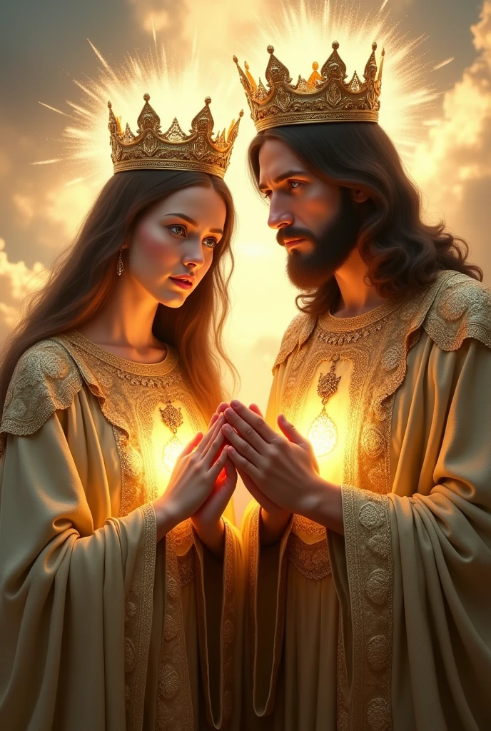 Perfect hand 5 finger, Portrait of a beautiful virgin mary and handsome Jesus Christ. wearing gold clothes of king and queen with the king and queen crown shining the light from the head and heart all over in the clouds, virgin mary and Jesus Christ, real blue eyes, sunny day, intricate details.real virgin mary and Jesus Christ, straight head face, Straight body.Prayer virgin mary and Jesus Christ, perfect full body,  perfect hands finger,Prayer virgin mary and Jesus Christ, praying virgin mary and Jesus Christ backgrounds natural photographic
