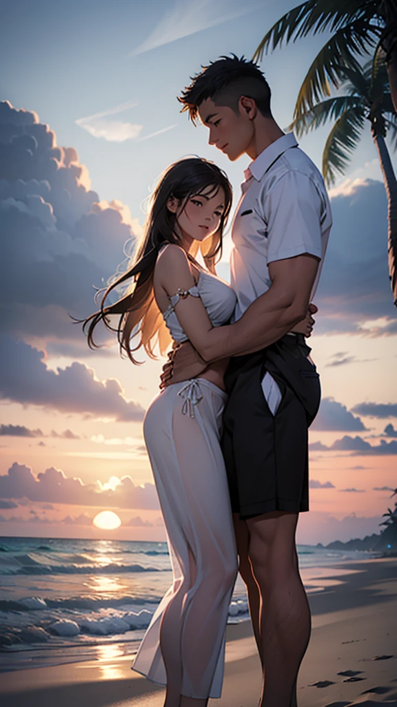 A young couple is sitting on the beach and romancing. The woman is wearing short sexy clothes her big hips. Coconut trees are nearby. It is evening.
