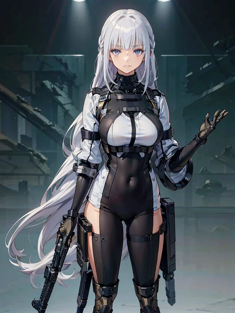 (masterpiece, Highest quality), (Perfect athletic body:1.2), (Detailed Hair), Very detailed, Anime Style, whole body, Cyberpunk Girl, alone, Long Hair, Silver Hair, Turquoise Eyes, (masterpiece, Highest quality, figure)++, Beautiful detailed girl, Very detailed++, From above, Cyber High Tech Boots+, anger, Bored face, Hair between the eyes, bangs, Eyebrows visible through hair, whole body, Mechanized limbs++, whole body, Unusually huge gauntlet++