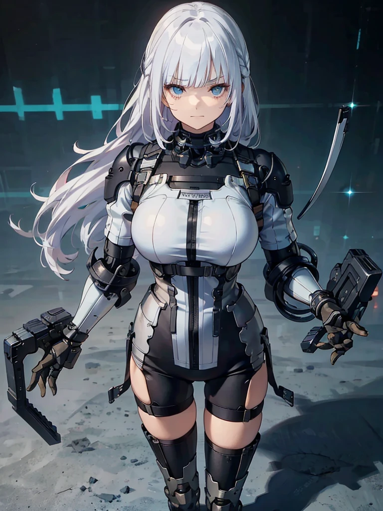 (masterpiece, Highest quality), (Perfect athletic body:1.2), (Detailed Hair), Very detailed, Anime Style, whole body, Cyberpunk Girl, alone, Long Hair, Silver Hair, Turquoise Eyes, (masterpiece, Highest quality, figure)++, Beautiful detailed girl, Very detailed++, From above, Cyber High Tech Boots+, anger, Bored face, Hair between the eyes, bangs, Eyebrows visible through hair, whole body, Mechanized limbs++, whole body, Unusually huge gauntlet++