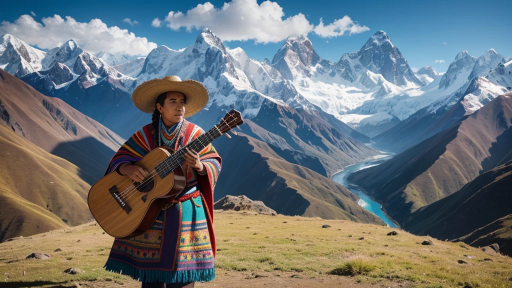 A traditional Andean folk musician standing in a mountainous landscape of the Andes. The musician is wearing a colorful, patterned poncho and a wide-brimmed hat typical of Andean culture. They are playing a quena, an ancient flute made from bamboo. The backdrop includes the majestic Andes Mountains with snow-capped peaks and a clear blue sky. The scene captures the rich cultural heritage and the connection between the people and their natural surroundings