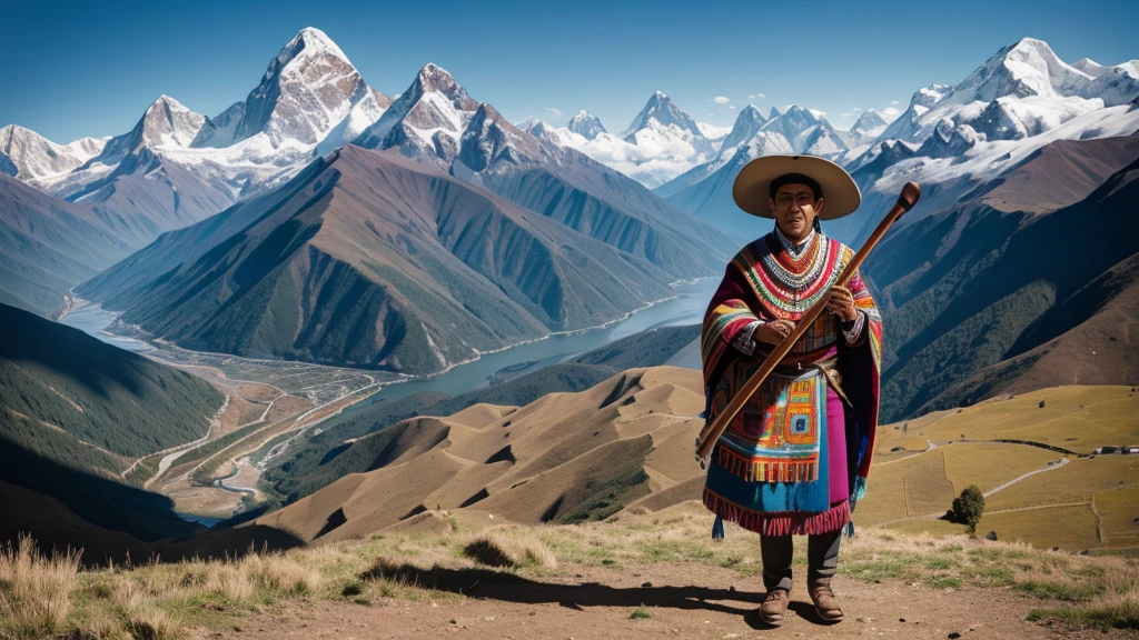 A traditional Andean folk musician standing in a mountainous landscape of the Andes. The musician is wearing a colorful, patterned poncho and a wide-brimmed hat typical of Andean culture. They are playing a quena, an ancient flute made from bamboo. The backdrop includes the majestic Andes Mountains with snow-capped peaks and a clear blue sky. The scene captures the rich cultural heritage and the connection between the people and their natural surroundings