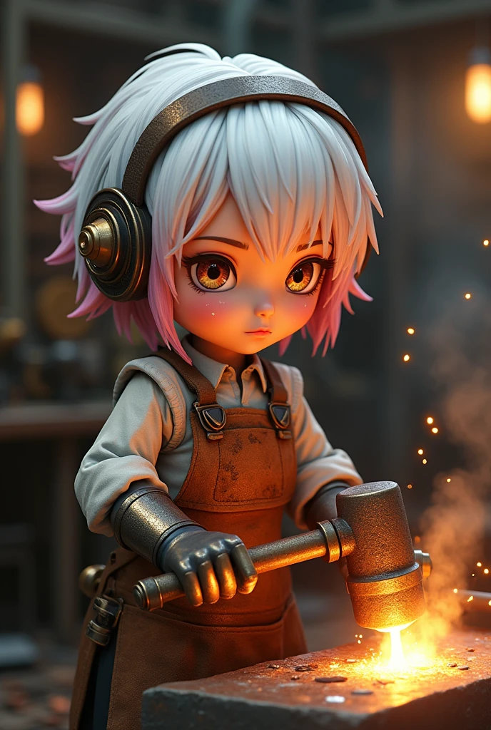 Anime style pictures,a cute little steampunk girl,extremely detailed steampunk mechanical body,short white hair with pink highlights,dirty steampunk apron,sweating and holding a hammer,forging hot iron on a metal table,sparks flying,old industrial steampunk factory background,many steampunk machine tools lined up,spewing steam,hard working girl,determined expression,cowboy shot,highest quality, best quality, 4k, 8k, ultra detailed, physically based rendering, steampunk style, cinematic lighting, fantasy