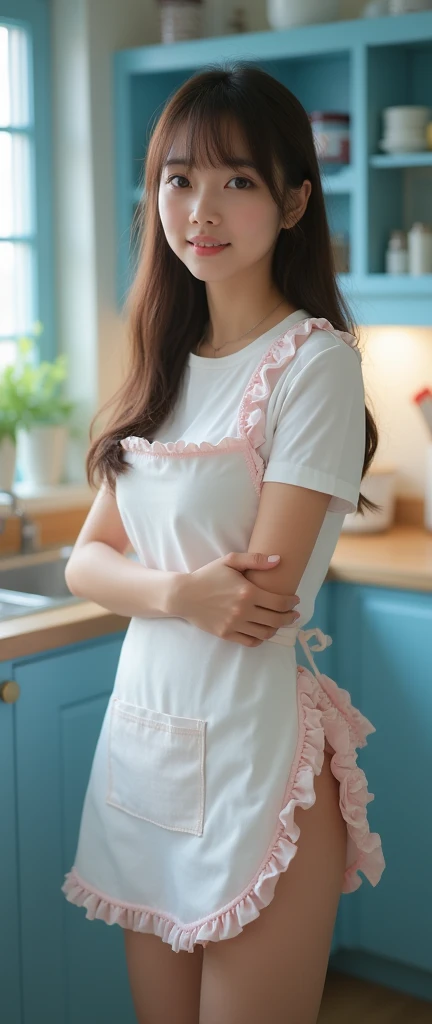 1girl,huge breast, brown hair,Braid hair, white t-shirt,pink apron,in apartment, high quality, ultra detailed, masterpiece, realistic