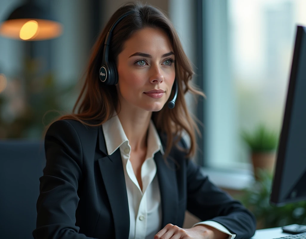 one women, 40 years old, detailled eyes, nose, and lips, wear a professional outfit, Sitting in your office,wears a headset,with your computer, hp computer (best quality,4K,8k,highres,masterpiece:1.2),Ultra-detail,(realisti,photorealisti,photo-realisti:1.37),HDR,studio lighting,Extremely detailed face and body,warm colors,light background