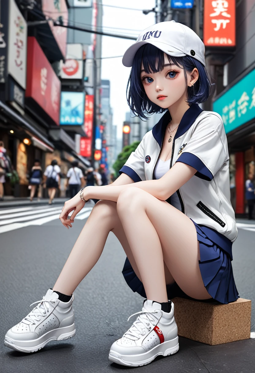 (masterpiece, best quality,ultra highres),latest fashion girls,(white cap,COLORBLOCK pattern SHORT SLEEVE ZIP-UP JACKET,White tight shirt, mini pleated skirt,cork platform sneakers),pendant necklace,navel,downtown of tokyo,BREAK (16yo,detailed face,(darkblue wavy-short hair),eyebrows,middle small breasts),