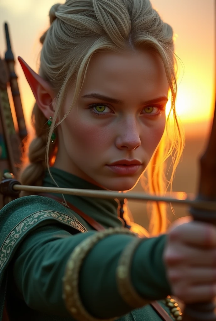 masterpiece, highest quality, so many elf archery squads on the line, very beautiful extremely detailed face and green eyes, detailed full body, detailed hair, detailed legendary (archer outfit), (low angle view), sunset evening colorful, cinematic lighting, photorealistic, 8k, hyper detailed, intricate details, (best quality), (realistic), (masterpiece)