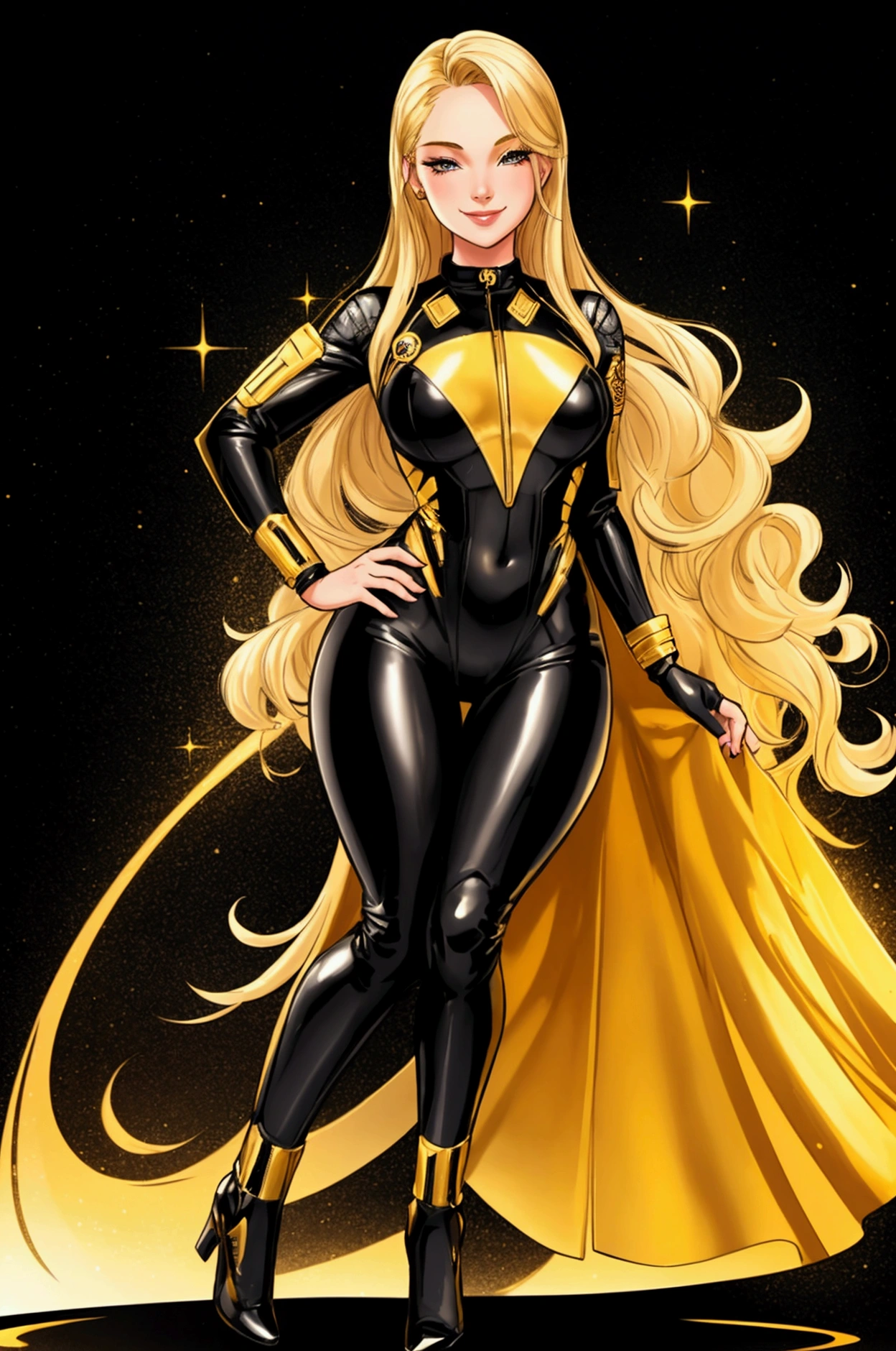 light smile on face,young blonde girl in a black with gold accent space suit, full body, pin up pose, beautiful body,