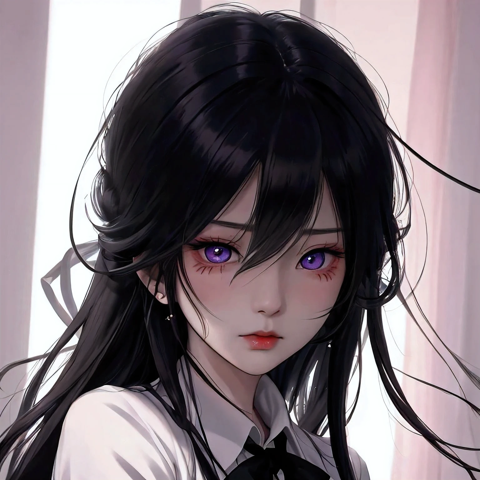 anime girl with black hair and black tie staring at camera, an anime drawing by Jin Homura, tumblr, vanitas, with huge luminous sad eyes, black anime pupils in her eyes, extremely cute anime girl face, cute anime face, perfect anime face, pretty anime face, & her expression is solemn, anime face, gapmoe yandere, noire, anime, blending, backlighting, depth of field, drop shadow, high details, high quality, best quality, highres, 4K, masterpiece, accurate