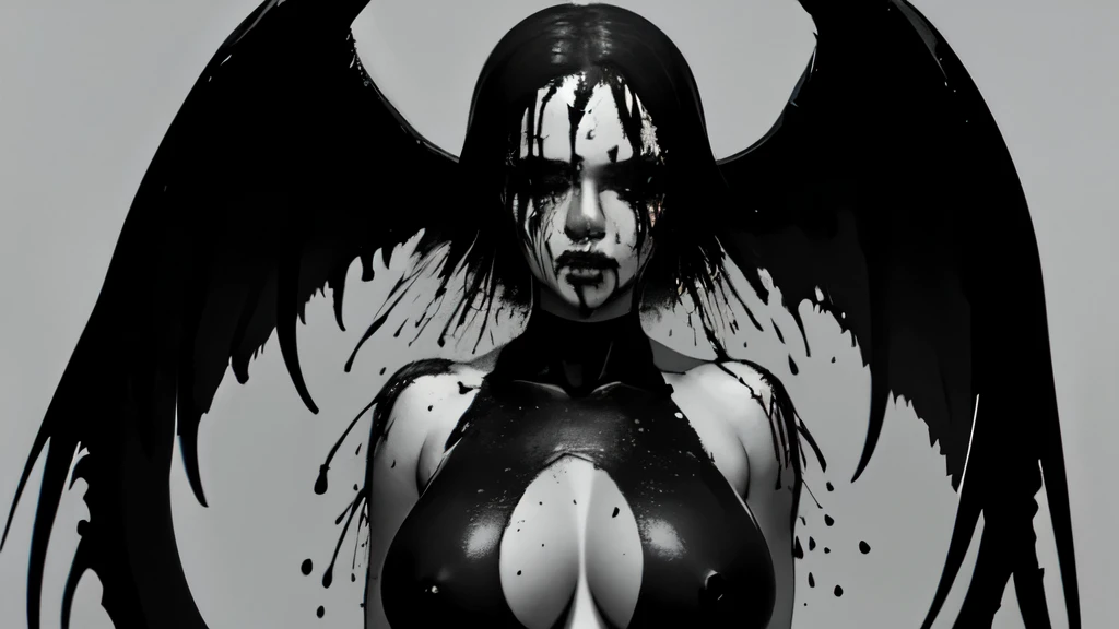 bs, solo, simple background, monochrome, upper body, greyscale, bodysuit, black background, 1other, monster, arms at sides, horror (theme) there is a large-breasted woman in the picture with her arms torn off and her face bleeding, ravens flying in the background, stocking, hot lingerie, big boobies, red paint splatted on it