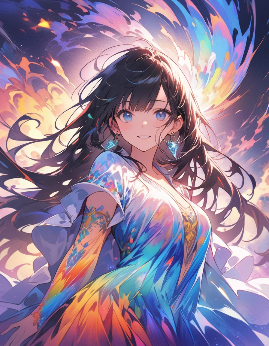 (masterpiece、Highest quality、Highest quality、Official Art、Beautiful and aesthetic:1.2)、(One Girl:1.3)、Black-haired、Straight Hair、Align your bangs、Very detailed、(Fractal Art:1.5)、(colorful:1.2)、Highest detail、(Tangled:1.2)、(Dynamic Pose、sideline)、(Abstract background:1.5)、(Fantasy Costume:1.2)、(Glowing Skin)、(Many colors:1.2)、(Earrings:1.4)、The background is blue tone、