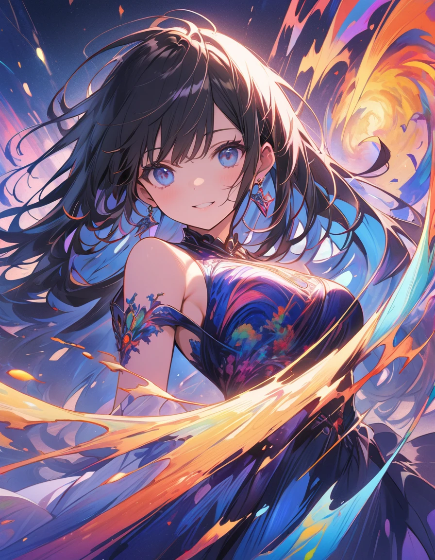 (masterpiece、Highest quality、Highest quality、Official Art、Beautiful and aesthetic:1.2)、(One Girl:1.3)、Black-haired、Straight Hair、Align your bangs、Very detailed、(Fractal Art:1.5)、(colorful:1.2)、Highest detail、(Tangled:1.2)、(Dynamic Pose、sideline)、(Abstract background:1.5)、(Fantasy Costume:1.2)、(Glowing Skin)、(Many colors:1.2)、(Earrings:1.4)、The background is blue tone、