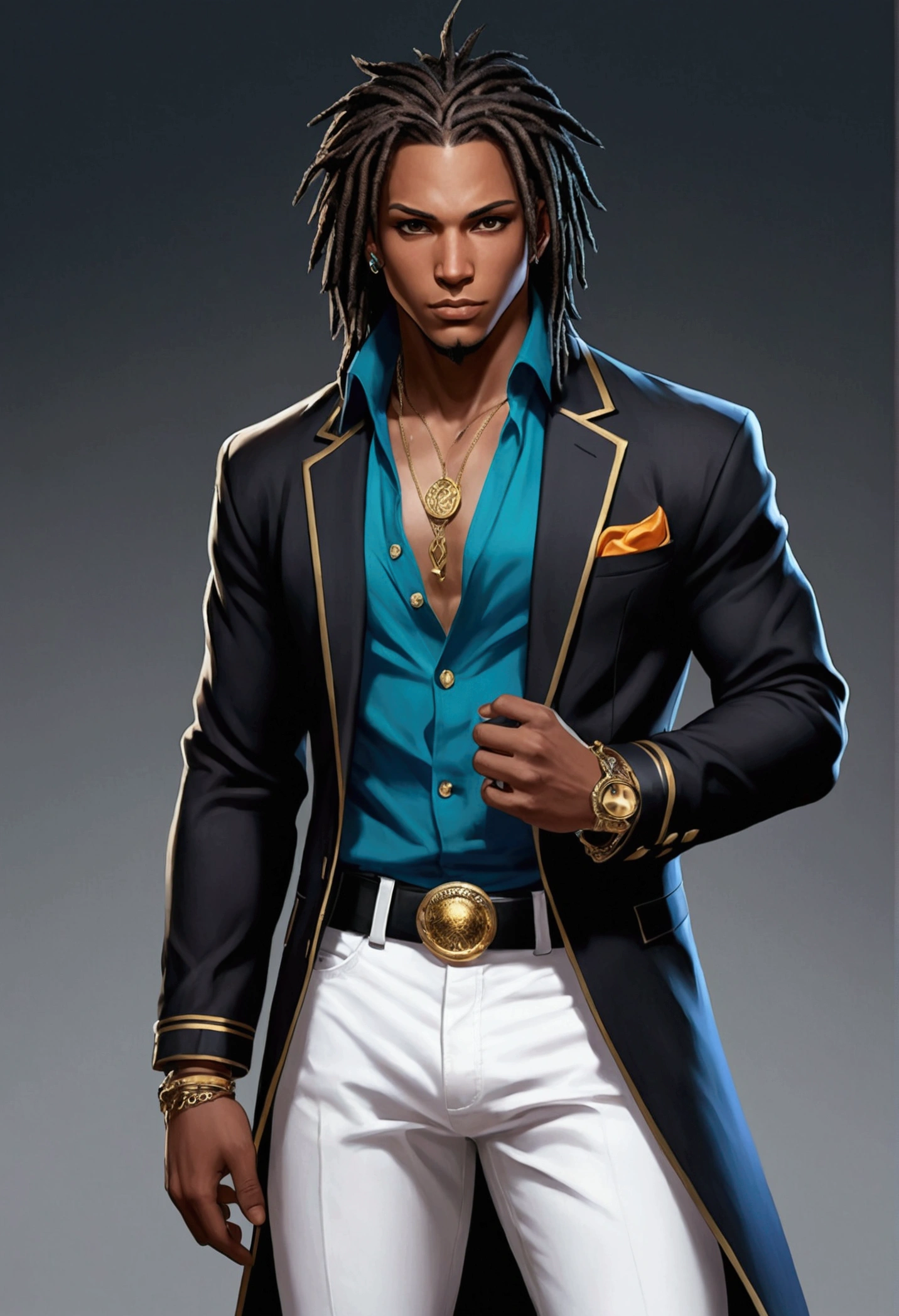 Dark-skinned young man with brown eyes and a black jacket., Blue dreadlocks, Hairstyle with dreadlocks, in human style, colorful sketch, unrealistic character concept, Conceptual portrait of my character, подробный character portrait, anime style character, anime style portrait, character portrait, cel - shaded art style, Her outfit consists of black, unbuttoned jacket with gold ons on the front and bottom of the sleeves, he wears a white V-neck shirt., White pants, large black belt with gold buckle, smaller black belt, hanging from the side of her hip, and he's wearing beige shoes with black buckles, вдохновение King of Fighters