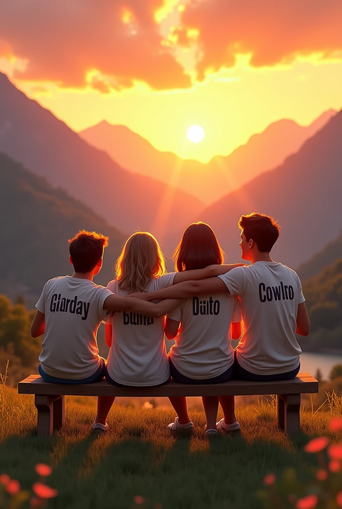 Four best friends with 1 girl sitting in bench mountain during sunset.captures the warmth of the sun with golden yellow tone. They are all wearing T-shirt with their names written in black "