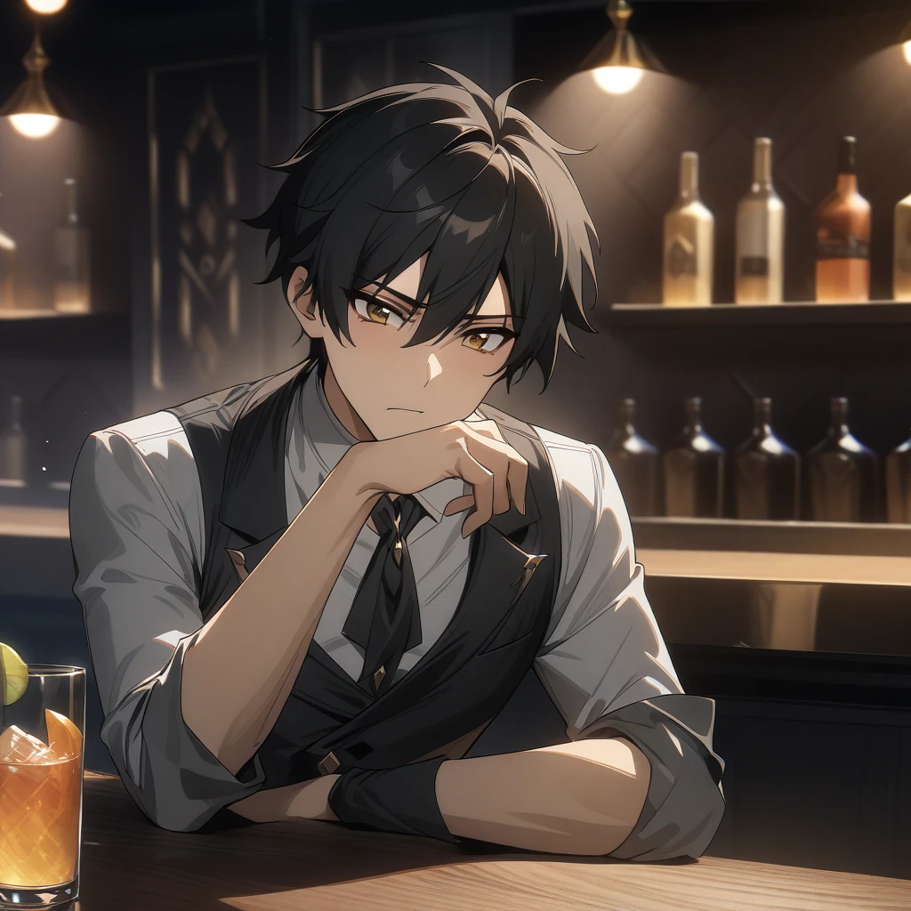 rover from wuthering waves, 1boy, stylish pose, drinking from glass, black hair, flat hair, kirito hair, gold eyes, handsome face, black waistcoat, waistcoat, folded sleeves, bar background, upper body, decorative, masterpiece, high quality, hd, 4k, upper body, lost expression, genshin artstyle