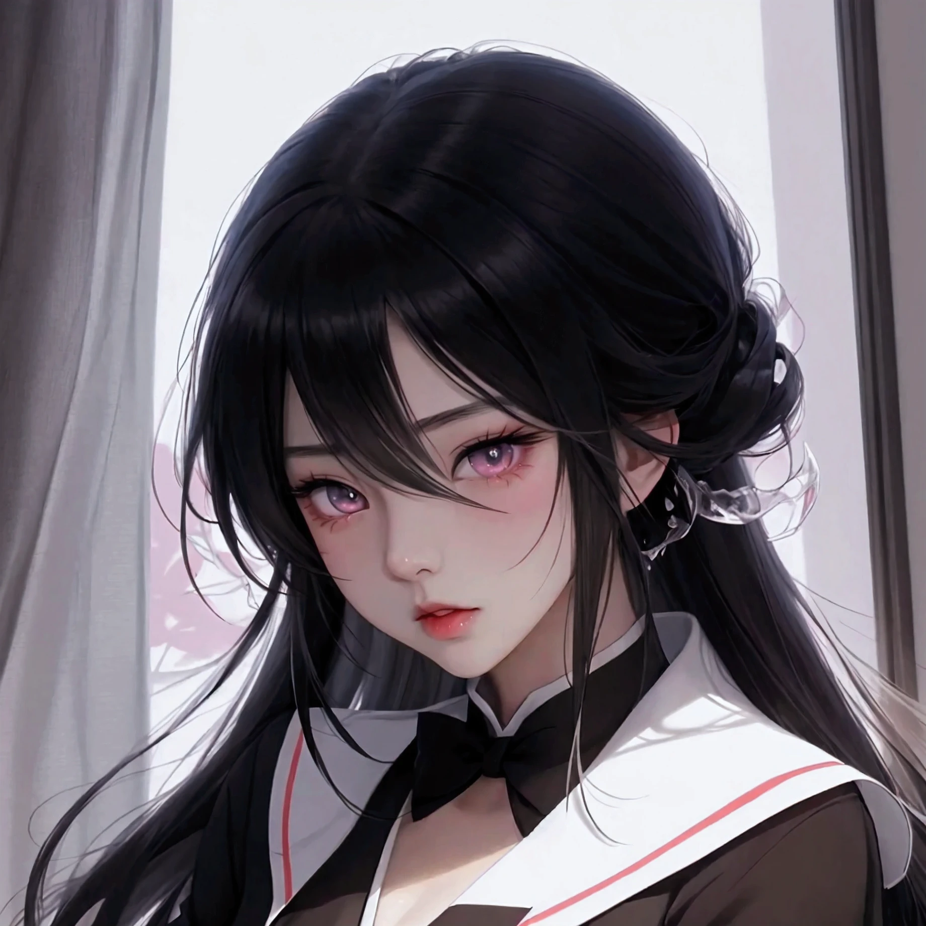 anime girl with black hair and black tie staring at camera, an anime drawing by Jin Homura, tumblr, vanitas, with huge luminous sad eyes, black anime pupils in her eyes, extremely cute anime girl face, cute anime face, perfect anime face, pretty anime face, & her expression is solemn, anime face, gapmoe yandere, noire, anime, blending, backlighting, depth of field, drop shadow, high details, high quality, best quality, highres, 4K, masterpiece, accurate