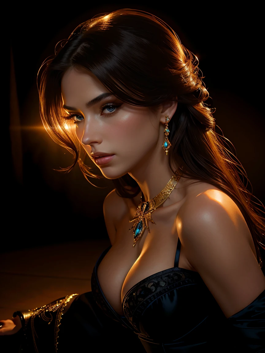 a beautiful woman with a deep neckline, detailed face, long hair, sensual expression, elegant dress, high heels, photorealistic, cinematic lighting, intricate jewelry, dramatic chiaroscuro, dark and moody atmosphere, romantic portrait style, cinematic lighting, rich color palette, dramatic shadows, sharp focus