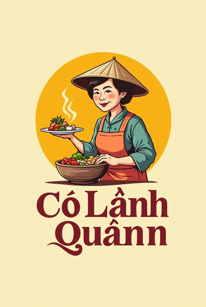 a logo, a vintage-style logo for a catering service named 'Cô Lành Quán' the logo features a simple chubby middle-aged woman in a Vietnamese conical hat holding a disk of foods, she stays in the middle , the color palette is predominantly yellow, and the text is in bold