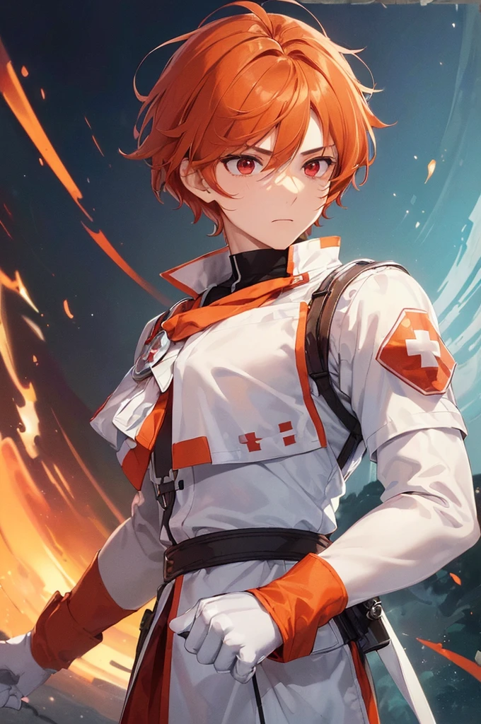 (((masterpiece; best quality: 1.2))), (finely detailed eyes: 1.3), ((1 young man)), ((solo)), (red eyes: 1.4), (body shape; lean, masculine: 1.3), (very short orange hair: 1.3), (beautiful and clear background: 1.2), ((depth of field)), (equipment: fantasy white adventurer medic long-sleeve uniform + armband with red cross + gloves: 1.3), (anime illustration: 1.2), (background composition; palace gardens + day: 1.1), (extremely fine and handsome: 1.1), (shot composition; standing + centered on face + bust close-up: 1.5), (facial expression; calm, stoic: 1.2)
