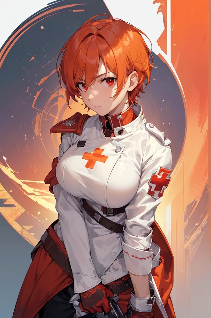 (((masterpiece; best quality: 1.2))), (finely detailed eyes: 1.3), ((ung man)), ((solo)), (red eyes: 1.4), (body shape; lean, masculine: 1.3), (very short orange hair: 1.3), (beautiful and clear background: 1.2), ((depth of field)), (equipment: fantasy white adventurer medic long-sleeve uniform + armband with red cross + gloves: 1.3), (anime illustration: 1.2), (background composition; palace gardens + day: 1.1), (extremely fine and handsome: 1.1), (shot composition; standing + centered on face + bust close-up: 1.5), (facial expression; calm, stoic: 1.2)