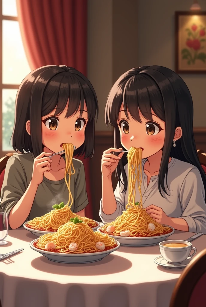 Two girls eating noodles in big portion with seafood in the dinning room