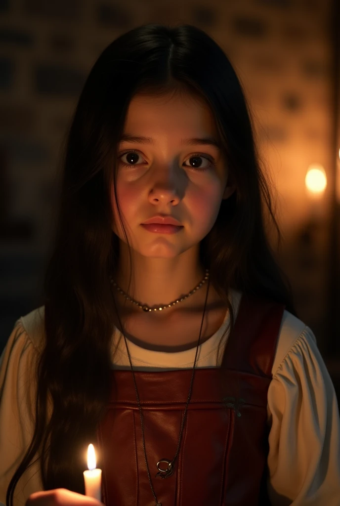 young girl, (((-yeld chean and tall for her young age, pale skin, flushed complexion, long waist-length black hair, and distinct dark brown eyes that look black, resembles Lilly Aspell as a child, beautifundlelight in a medieval setting, Ultra sharp focus, Realistic footage, medieval women&#39;s clothing, tetradic colors