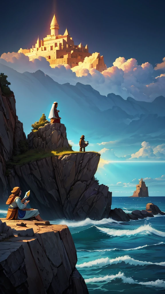 "A scene depicting the Apostle John on the rocky island of Patmos, writing the Book of Revelation. The image is inspired by the artwork of Prince of Egypt, with mystical light illuminating John as he writes on a scroll. The sky is filled with swirling clouds and a glowing horizon, capturing the sense of divine inspiration. The landscape is detailed with rugged rocks and crashing waves, evoking a sense of isolation and revelation, all rendered in stunning 16K resolution.