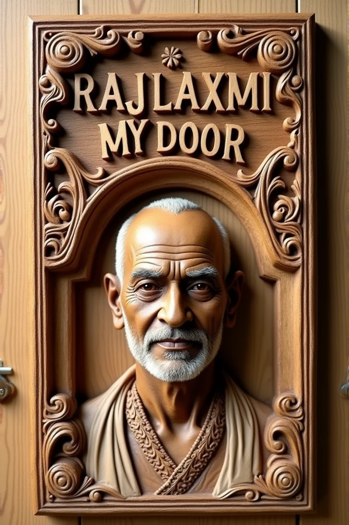 A wooden piece of carved with a man by name of RAJLAXMI MY DOOR on it