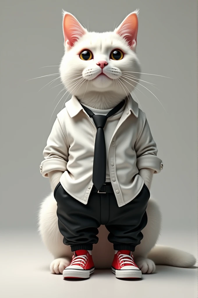 Spawns a white cat with black eyes, white shirt with sleeves rolled up, tie, black pants and red sneakers, realistic please and sitting in cat pose