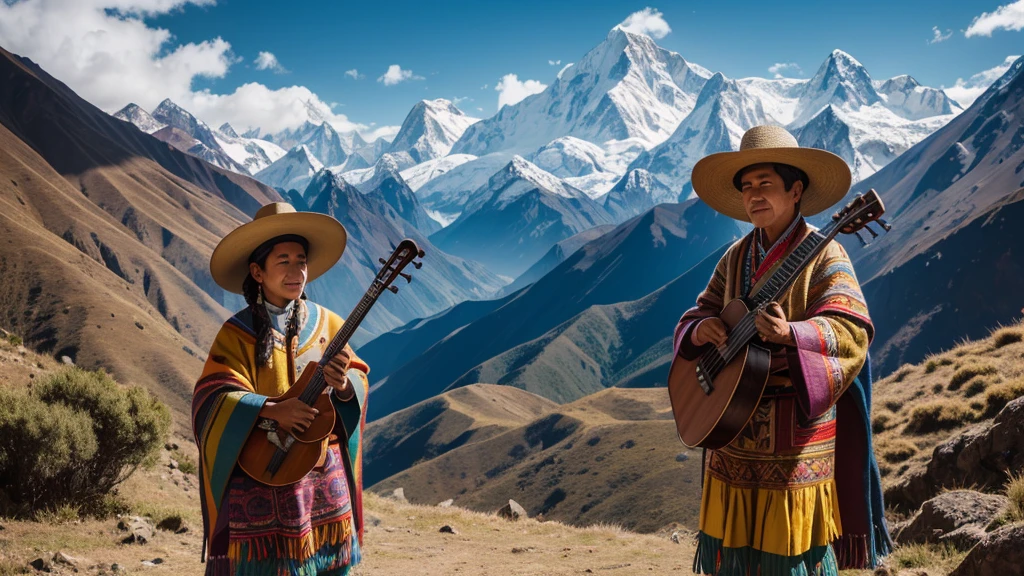 A traditional Andean folk musician standing in a mountainous landscape of the Andes. The musician is wearing a colorful, patterned poncho and a wide-brimmed hat typical of Andean culture. They are playing a quena, an ancient flute made from bamboo. The backdrop includes the majestic Andes Mountains with snow-capped peaks and a clear blue sky. The scene captures the rich cultural heritage and the connection between the people and their natural surroundings