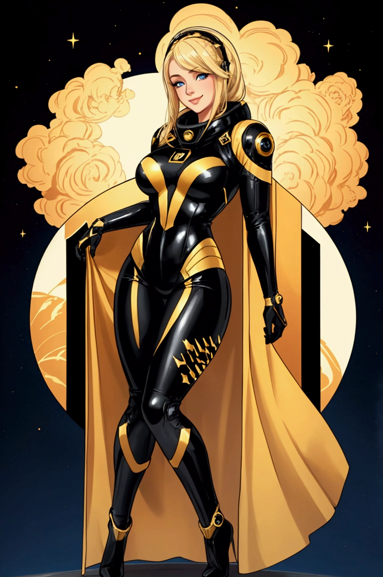 light smile on face,young blonde girl in a black with gold accent space suit, full body, pin up pose, beautiful body, blue eyes, no background