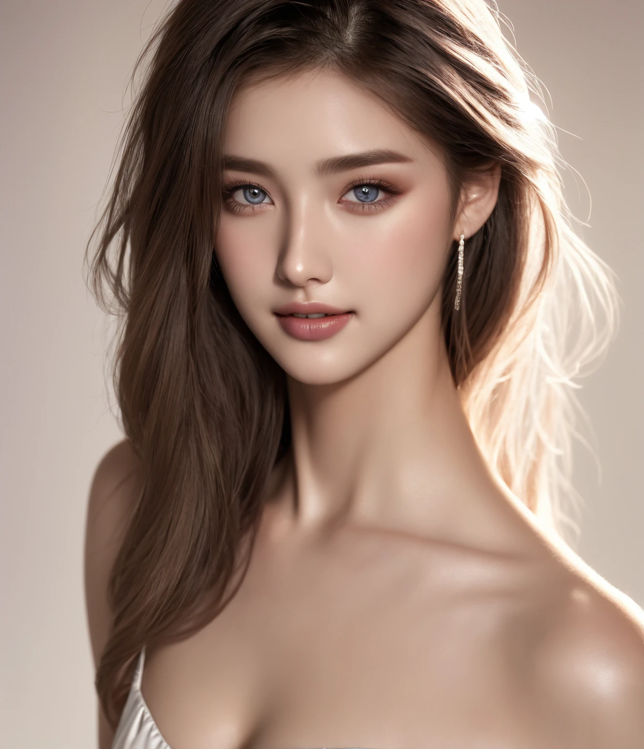 fashion model 24 years old,  , [[[[closeup]]]], [[[[chest]]]], [[[[neck]]]], [[[[shoulders]]]], perfect eyes, perfect iris, perfect lips, perfect teeth, perfect skin, soft front light, glow, HDR, (muted colors:1.2)
