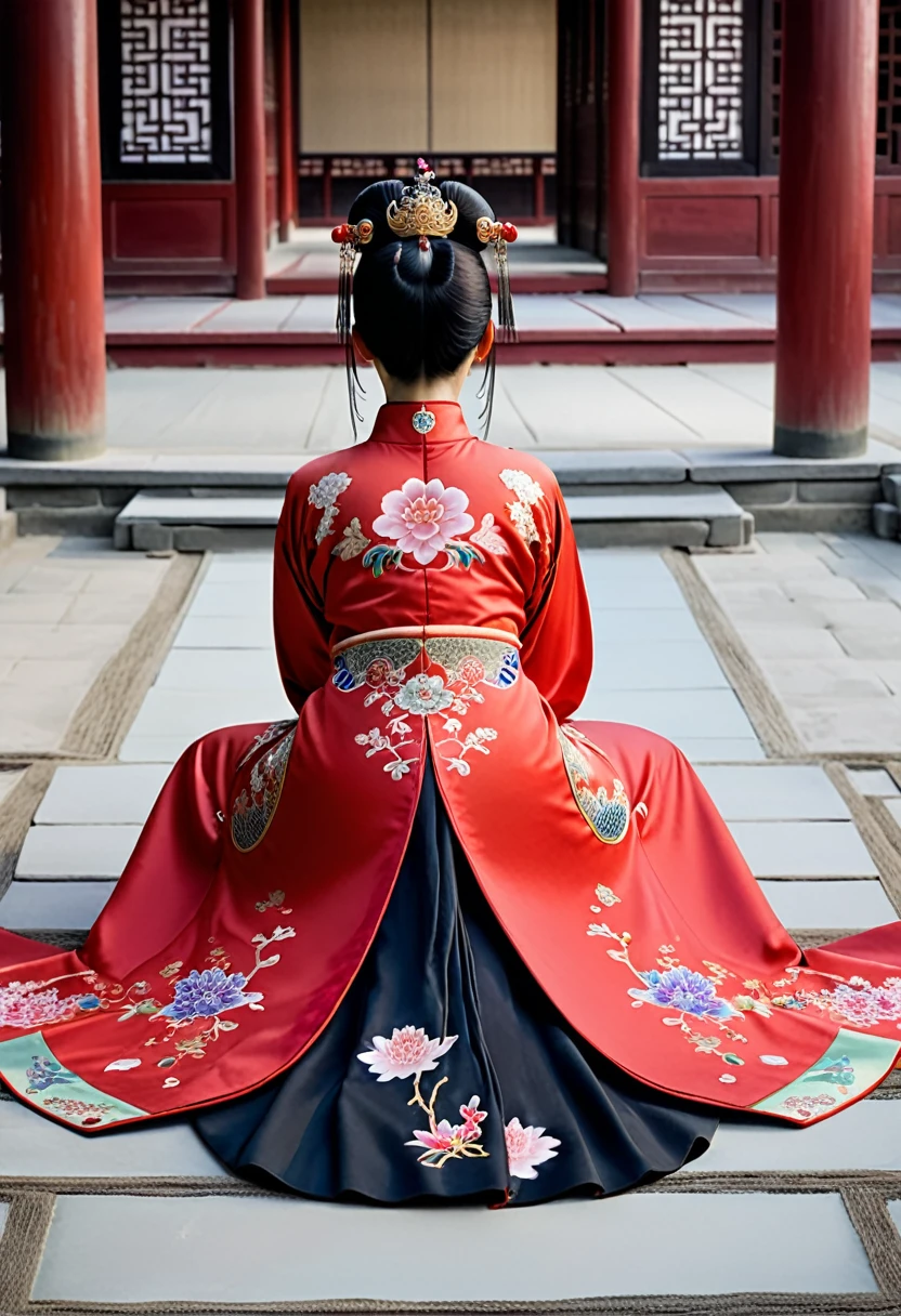Full body view of Empress of Qing Dynasty from behind, hairy pussy wearing red Chinese dress floral embroidery only large buttocks are seen.
Nudity. The face of a Qing Dynasty woman on all fours in a Chinese drama shows
Her hair is parted from the center of her forehead to the left and right with a large crown of the empress of the capital city of China, tied up in the back, and her hair is tied up with ornamental hair, and the outer stone tatami of the Chinese palace of the Qing Dynasty.