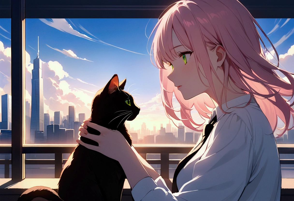 a serene urban scene featuring a young woman with long, flowing pastel pink hair and striking green eyes, dressed in a crisp white shirt with a black tie. She is gently cradling a light brown cat with distinct markings, gazing thoughtfully at it. The background showcases a bright blue sky with soft clouds and a modern cityscape, creating a contrast between the warmth of the interaction and the coolness of the urban environment. The lighting is bright and airy, enhancing the emotional connection between the woman and the cat, while the colors are vibrant yet harmonious, emphasizing the tranquility of the moment. The composition captures a sense of intimacy and reflection, with the woman's profile sharply defined against the soft backdrop, creating a poignant and captivating atmosphere.