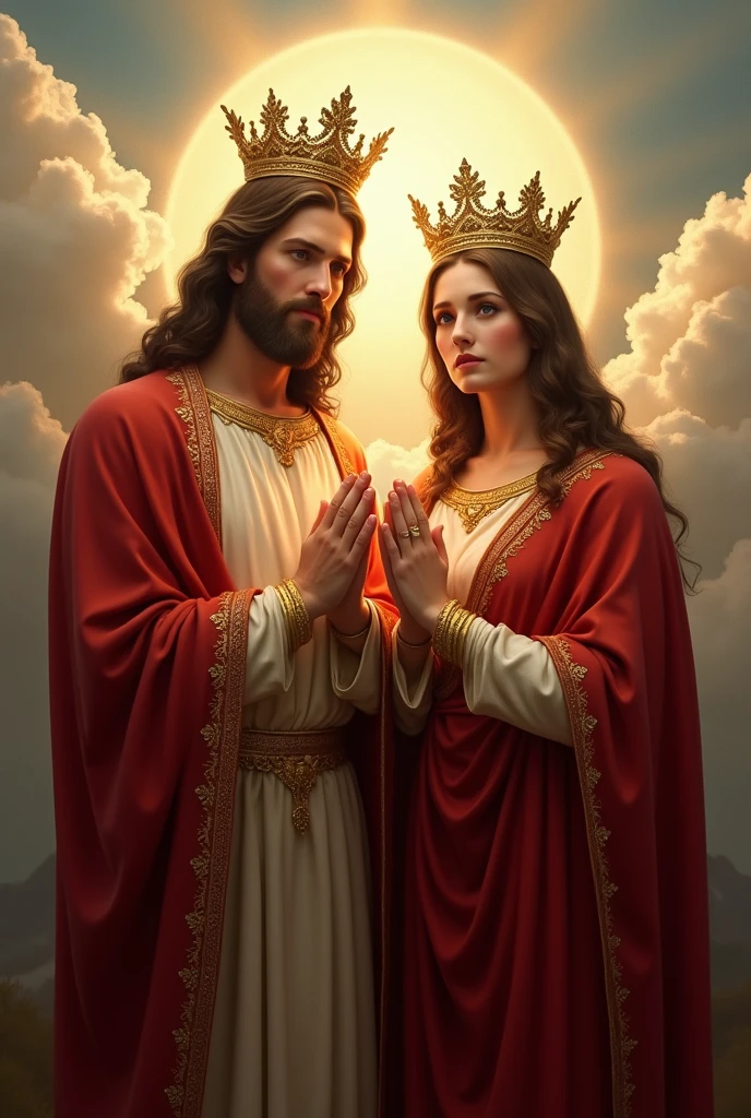 Perfect hand 5 finger, Portrait of a beautiful virgin mary and handsome Jesus Christ. wearing red clothes of king and queen with the king and queen crown shining the light from the head and heart all over in the clouds, virgin mary and Jesus Christ, real blue eyes, sunny day, intricate details.real virgin mary and Jesus Christ, straight head face, Straight body.Prayer virgin mary and Jesus Christ, perfect full body,  perfect hands finger,Prayer virgin mary and Jesus Christ, praying virgin mary and Jesus Christ backgrounds natural photographic