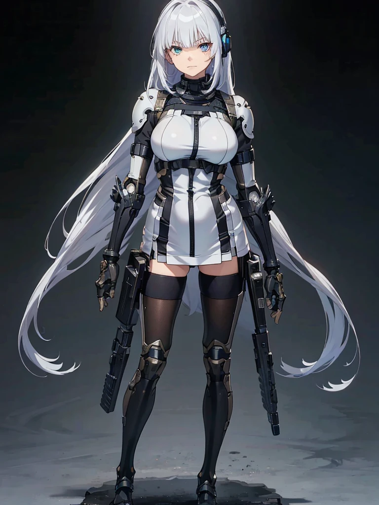 (masterpiece, Highest quality), (Perfect athletic body:1.2), (Detailed Hair), Very detailed, Anime Style, whole body, Cyberpunk Girl, alone, Long Hair, Silver Hair, Turquoise Eyes, (masterpiece, Highest quality, figure)++, Beautiful detailed girl, Very detailed++, From above, Cyber High Tech Boots+, anger, Bored face, Hair between the eyes, bangs, Eyebrows visible through hair, whole body, Mechanized limbs++, whole body, Unusually huge gauntlet++