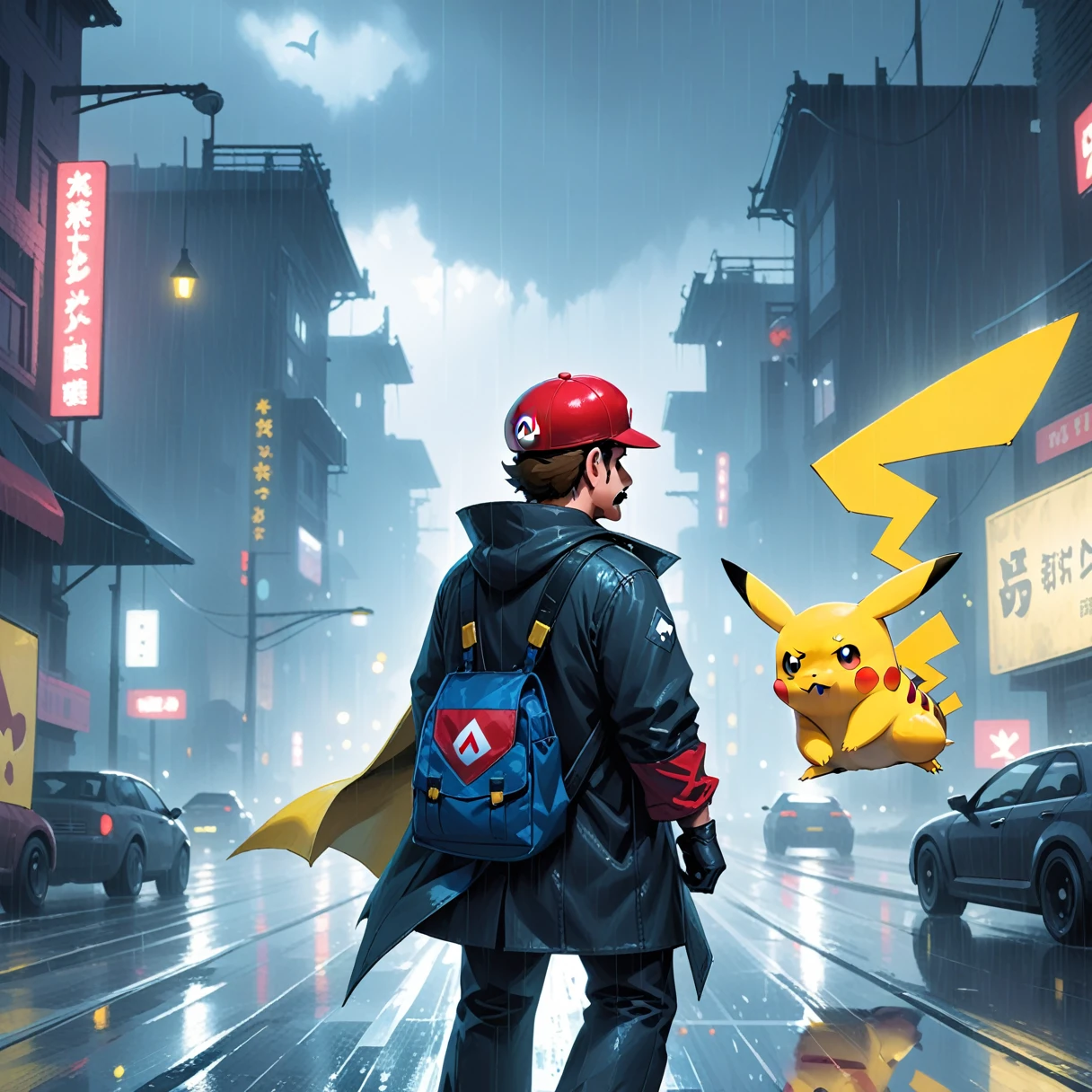 Concept Art Cyberpunk Theme, Evil Mario as a grown man, Hunting Pikachu on a rainy road. Pikachu is frightened. . Digital Art, Descriptive, Picturesque, Matte Paint, Very detailed