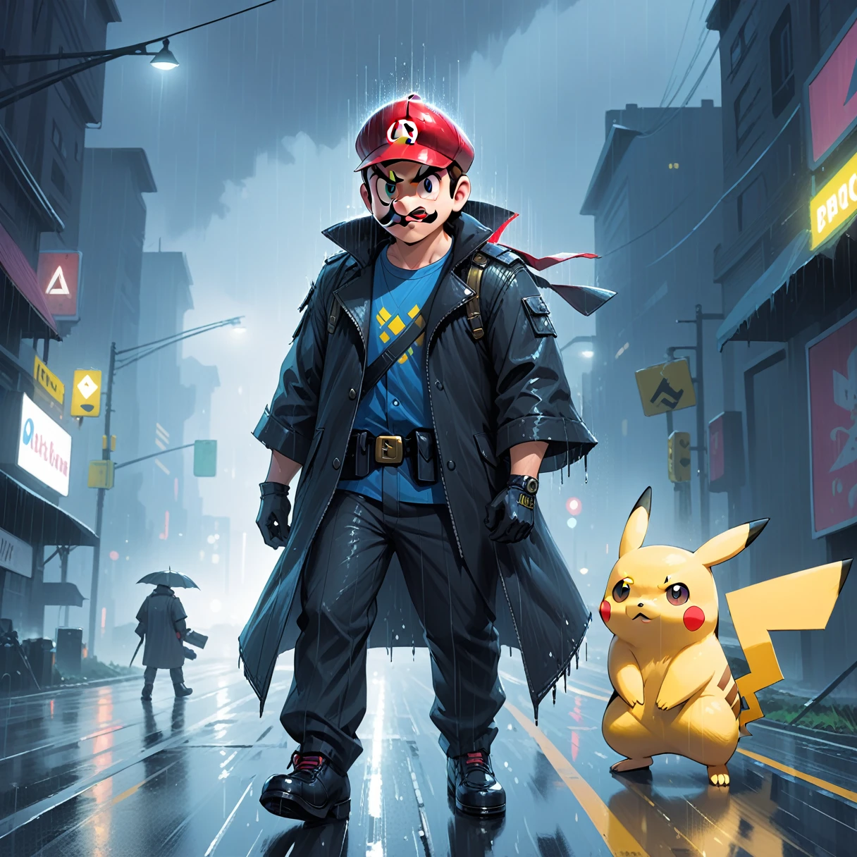 Concept Art Cyberpunk Theme, Evil Mario as a grown man, Hunting Pikachu on a rainy road. Pikachu is frightened. . Digital Art, Descriptive, Picturesque, Matte Paint, Very detailed