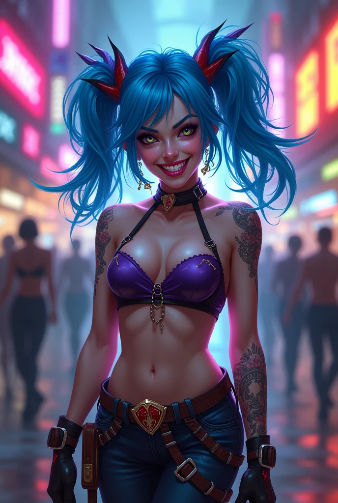 Create a hypothetical image of Jinx in Seraphine's body,in a style similar to that of Splash art