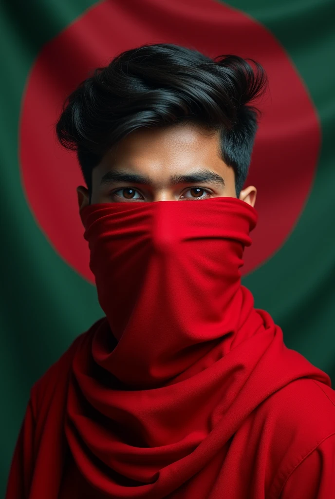 Bangladeshi young man wearing red cloth on eyes , background Bangladesh flag 