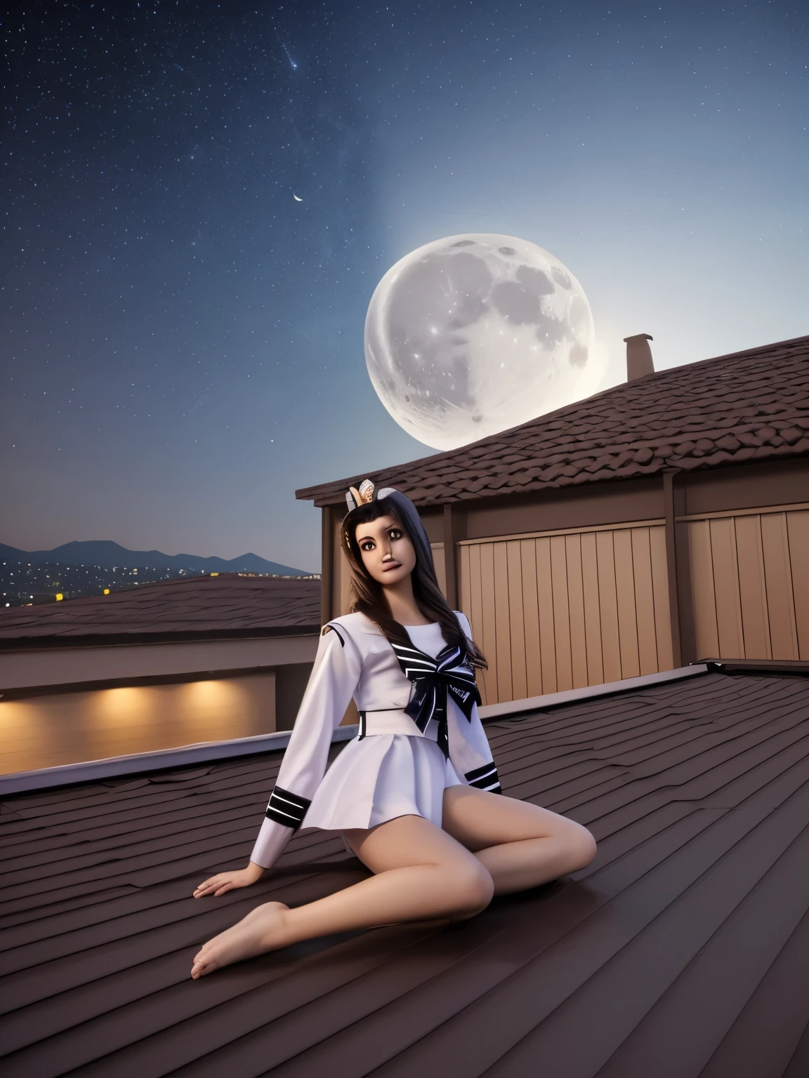 a beautiful girl in a magical girl sailor moon outfit,doing katas on a rooftop at night,moonlit night sky,crescent moon in the background,preparing for a battle with a dark creature,dramatic lighting,high detail,photorealistic,intricate details,cinematic composition,vibrant colors,fantasy,magical realism