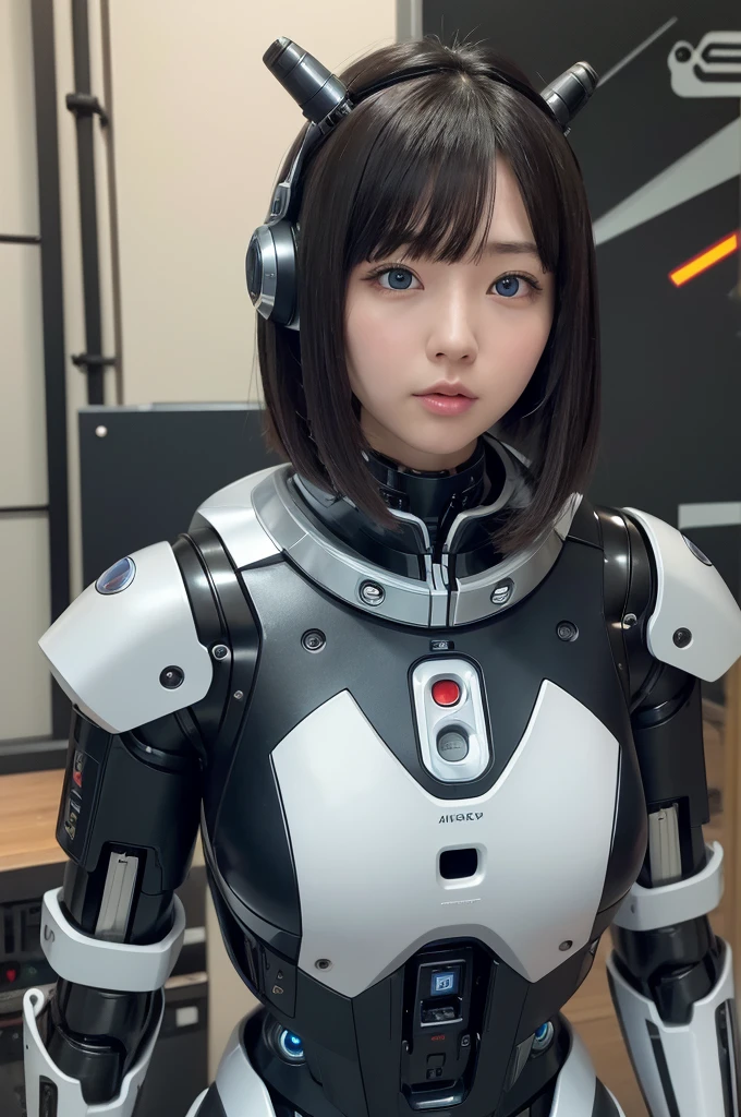 masterpiece, best quality, extremely detailed, Japaese android girl,portrait,Plump,a bit chubby,control panels,android,Droid,Mechanical Hand, Robot arms and legs, Black hair,Blunt bangs,perfect robot girl,long tube,thick cable connected her neck,android,robot,humanoid,cyborg,japanese cyborg girl ,robot-assembly plant,She is assembling now,assembly scene,blue eyes,chest monitor