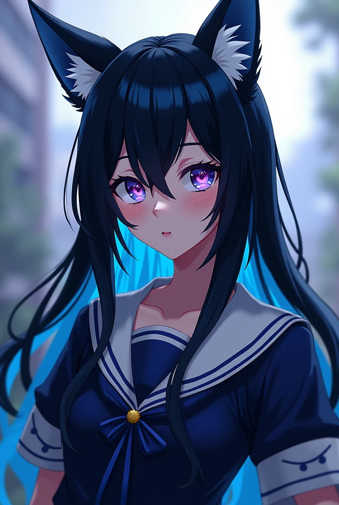 My Hero Academia. light skin baby, long hair with long black bangs with blue highlights, light purple eyes, beautiful and attractive, calm expression, Skinny body, On his head he has wolf ears, black,dressed in the UA uniform