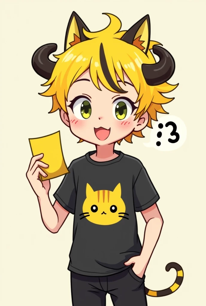 Genre:male&#39;yellow hair,with a yellow paper with a face of :3,with horns and a black line in the hair,Black short-sleeved shirt with a cute yellow face,Black pants