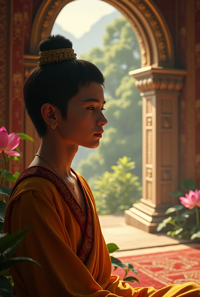 Introduction to the Character:
Start with a description of Siddhartha Gautama, a young prince living in the ancient kingdom of Kapilavastu.
Mention his royal lineage and the prophecy that foretold he would become either a great king or a spiritual leader.
Explain how his father, King Suddhodana, sheltered him from the harsh realities of life, surrounding him with luxury and comfort