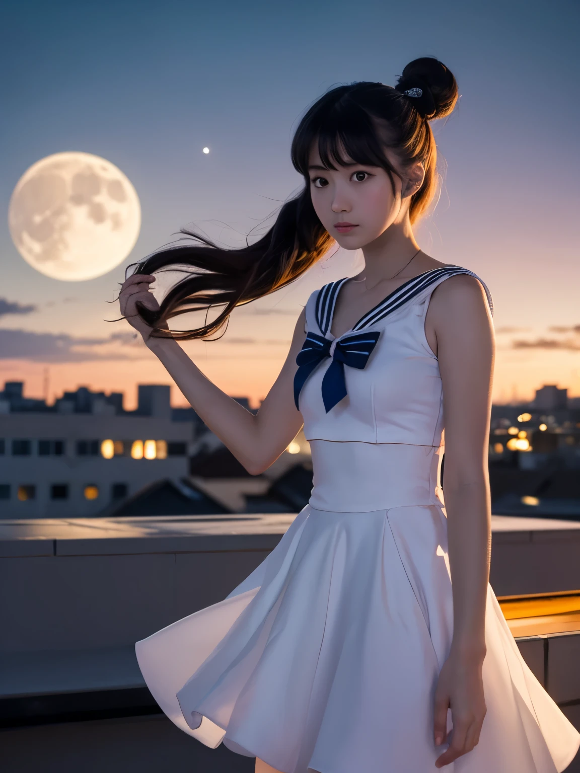 Sailor Moon (moon princess magical girl form) doing katas on a rooftop, preparing for a battle with a creature of darkness, moonlit night
