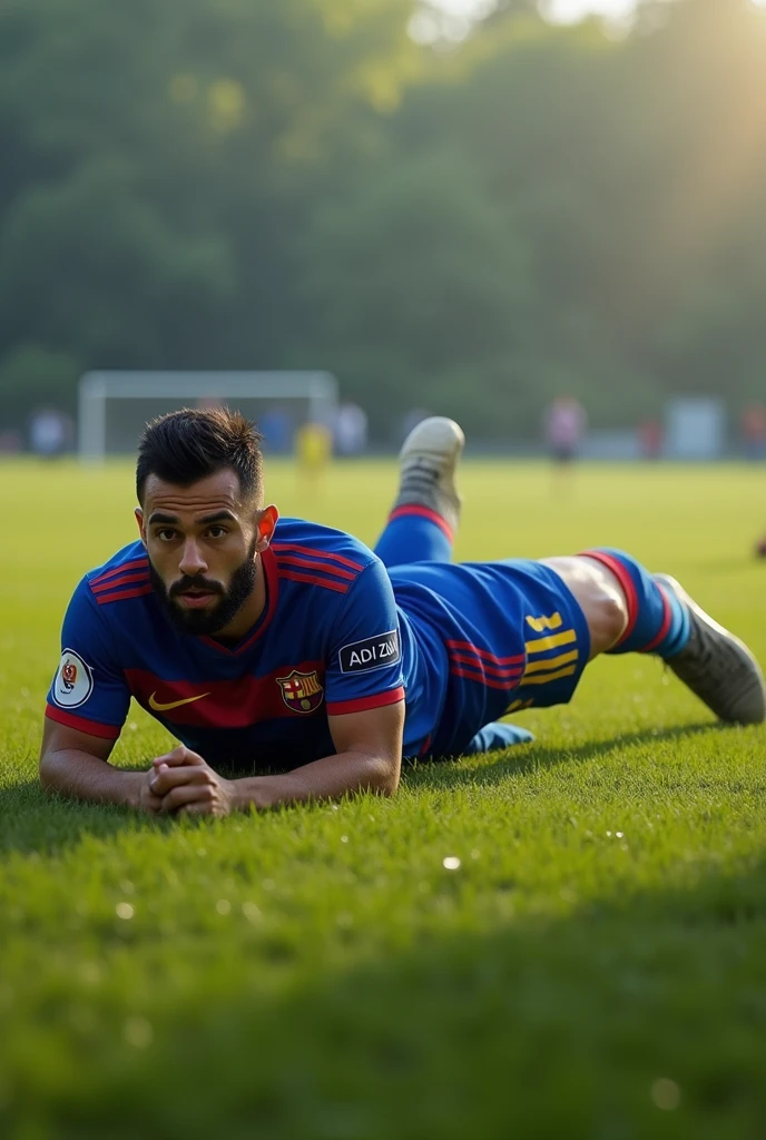 A landscape pic of a football player who is in a Espana national football team jersey who is overturned and his name is "AADIL ZAYN" and jersey number "8"